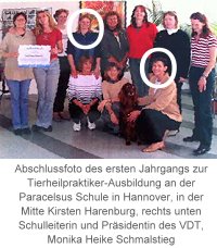 Abschlussfoto des ersten Jahrgangs zur Tierheilpraktiker-Ausbildung an der Paracelsus Schule in Hannover, in der Mitte Kirsten Harenburg, rechts unten Schulleiterin und Präsidentin des VDT, Monika Heike Schmalstieg